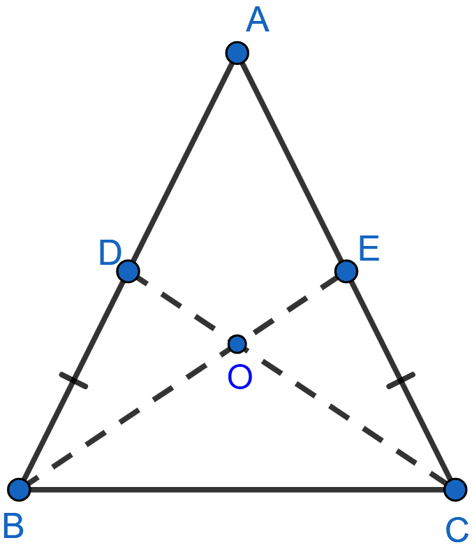 In a triangle ABC, AB = AC, D and E are points on the sides AB and AC respectively such that BD = CE. Show that △DBC ≅ △ECB, ∠DCB = ∠EBC, OB = OC, where O is the point of intersection of BE and CD. Triangles, ML Aggarwal Understanding Mathematics Solutions ICSE Class 9.