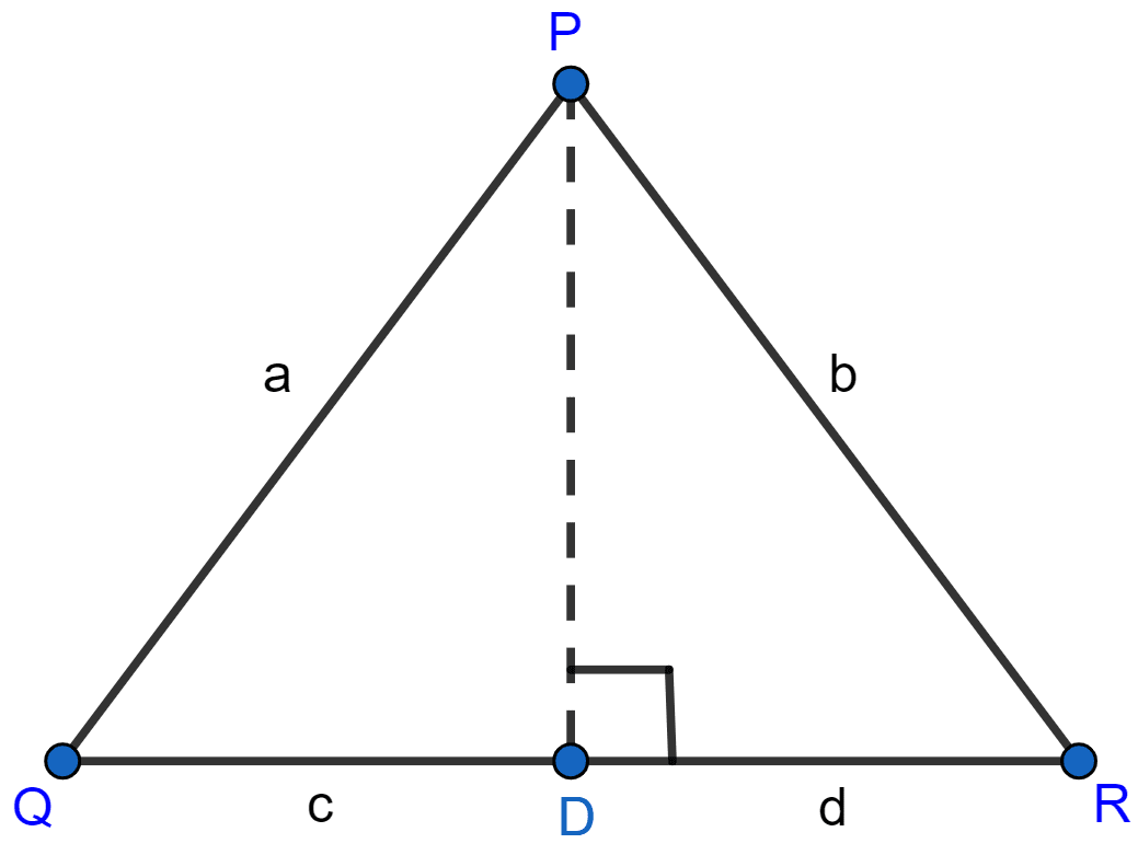 In △PQR, PD ⊥ QR such that D lies on QR. If PQ = a, PR = b, QD = c and DR = d, prove that (a + b)(a - b) = (c + d)(c - d). Pythagoras Theorem, ML Aggarwal Understanding Mathematics Solutions ICSE Class 9.