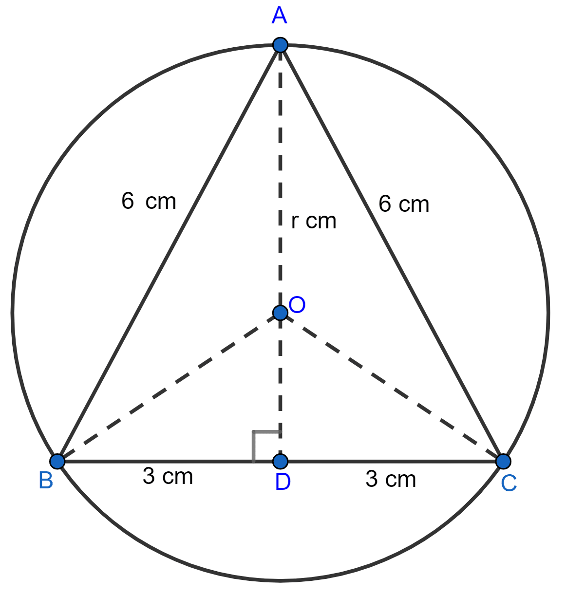 An equilateral triangle of side 6 cm is inscribed in a circle. Find the radius of the circle. Circle, ML Aggarwal Understanding Mathematics Solutions ICSE Class 9.