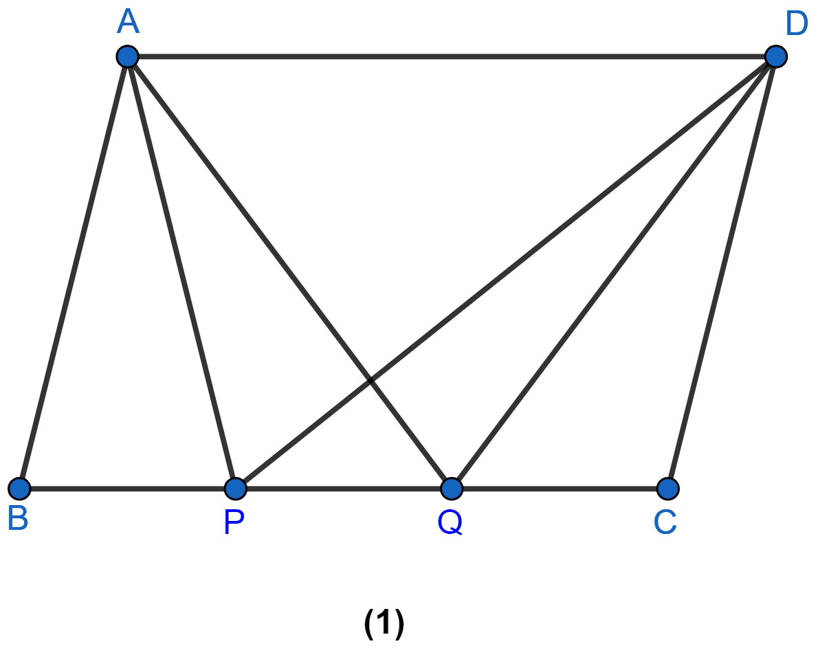 In figure (1) given below, ABCD is a parallelogram. Points P and Q on BC trisect BC into three equal parts. Prove that area of ∆APQ = area of ∆DPQ = 1/6 (area of ||gm ABCD). Theorems on Area, ML Aggarwal Understanding Mathematics Solutions ICSE Class 9.