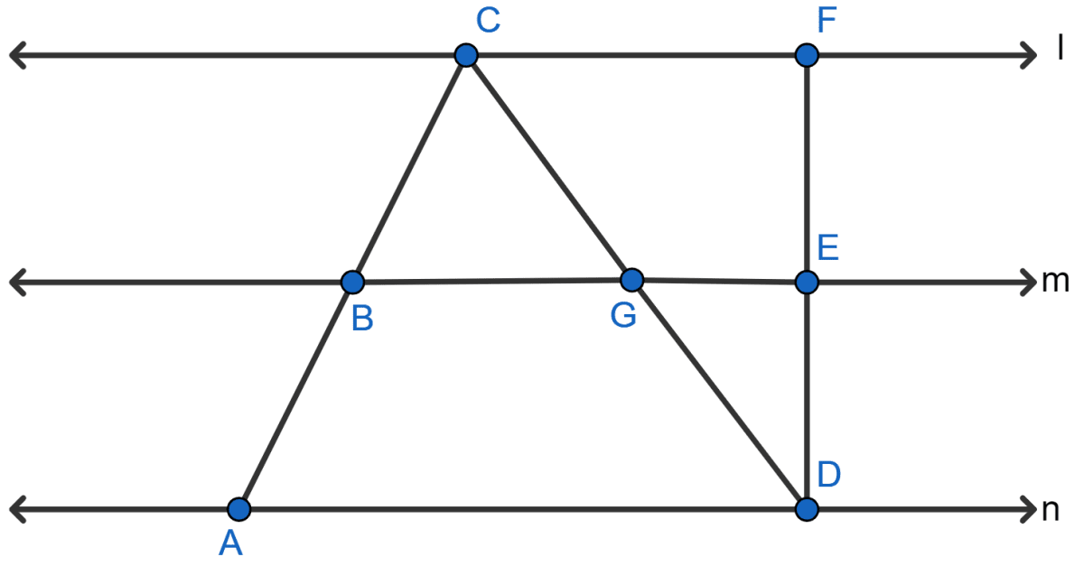 In the figure, the lines l, m and n are parallel to each other,  and G is mid-point of CD. Calculate (i) BG if AD = 6 cm (ii) CF if GE = 2.3 cm (iii) AB if BC = 2.4 cm (iv) ED if FD = 4.4 cm. Mid-point Theorem, ML Aggarwal Understanding Mathematics Solutions ICSE Class 9.