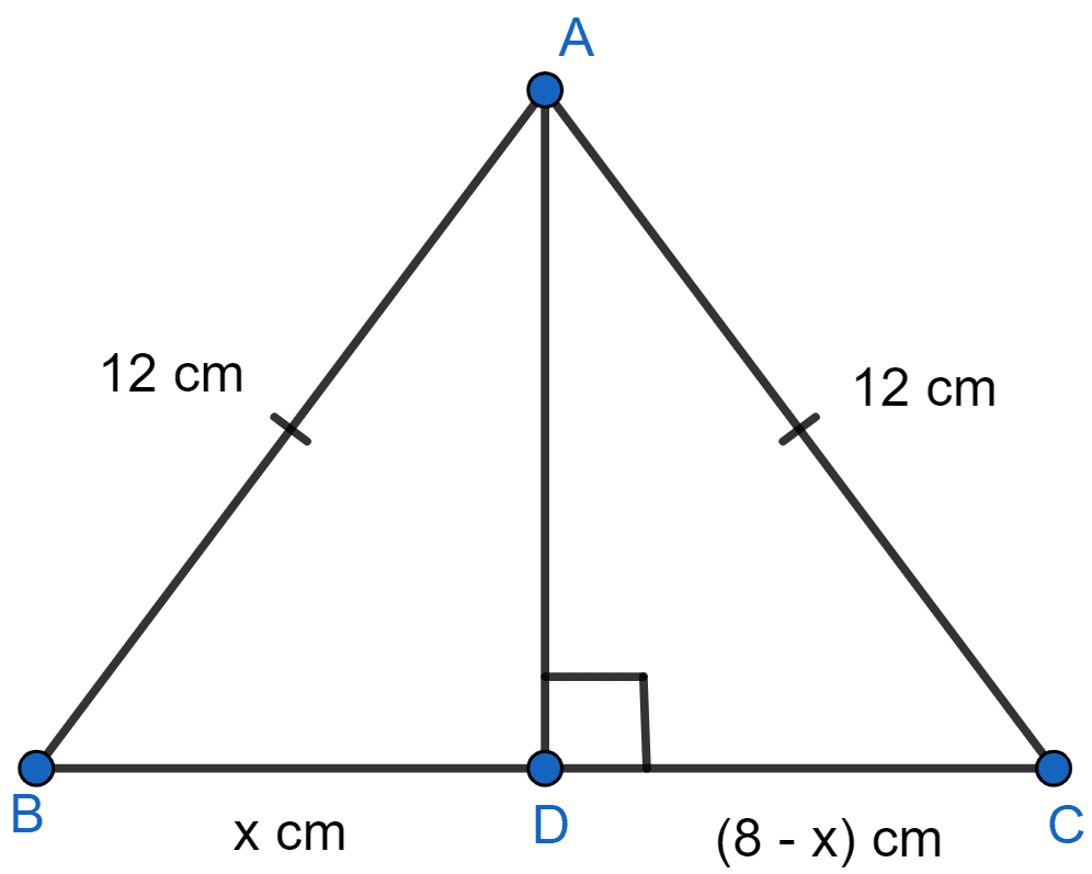 ABC is an isosceles triangle with AB = AC = 12 cm and BC = 8 cm. Find the altitude on BC and hence calculate its area. Pythagoras Theorem, ML Aggarwal Understanding Mathematics Solutions ICSE Class 9.