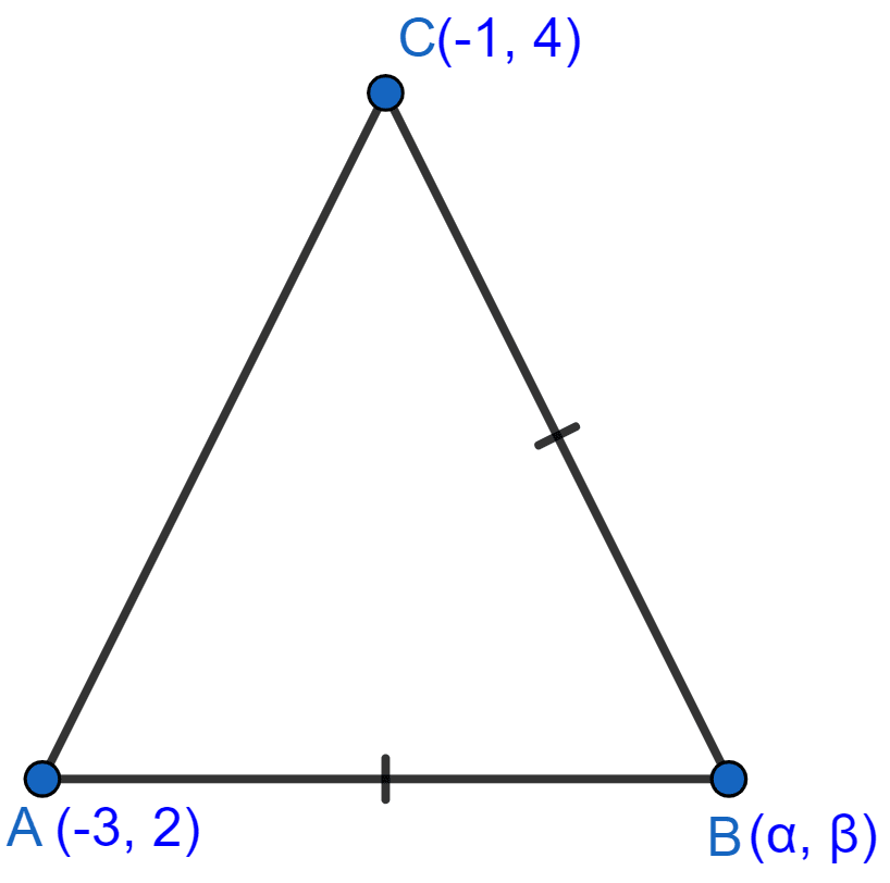 If A(-3, 2), B(α, β) and C(-1, 4) are the vertices of an isosceles triangle, prove that α + β = 1, given AB = BC. Coordinate Geometry, ML Aggarwal Understanding Mathematics Solutions ICSE Class 9.