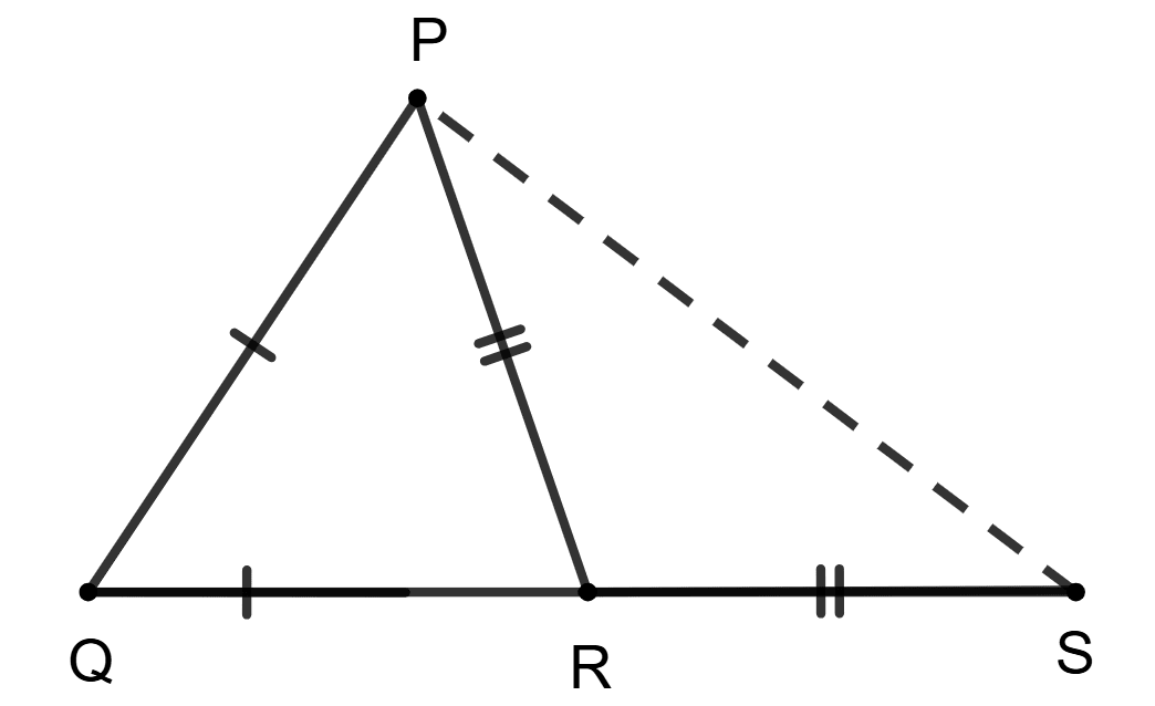 ΔPQR is an isosceles triangle such that PQ = QR. If S is a point on QR produced such that PR = RS and ∠QPS = 63°, find ∠PSQ. Triangles, ML Aggarwal Understanding Mathematics Solutions ICSE Class 9.
