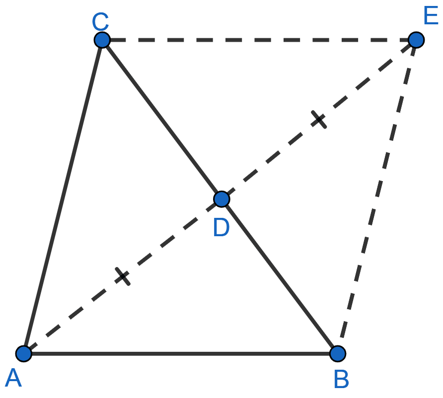 Any point D is taken on the side BC of a ∆ABC and AD is produced to E such that AD = DE, prove that area of ∆BCE = area of ∆ABC. Theorems on Area, ML Aggarwal Understanding Mathematics Solutions ICSE Class 9.