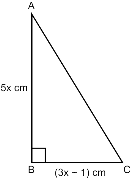 The sides of a right-angled triangle containing the right angle are 5x cm and (3x – 1) cm. Calculate the length of the hypotenuse of the triangle if its area is 60 cm^2. Mensuration, ML Aggarwal Understanding Mathematics Solutions ICSE Class 9.