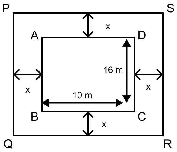 A rectangular garden 10 m by 16 m is to be surrounded by a concrete walk of uniform width. Given that the area of the walk is 120 square metres, assuming the width of the walk to be x, form an equation in x and solve it to find the value of x. Mensuration, ML Aggarwal Understanding Mathematics Solutions ICSE Class 9.