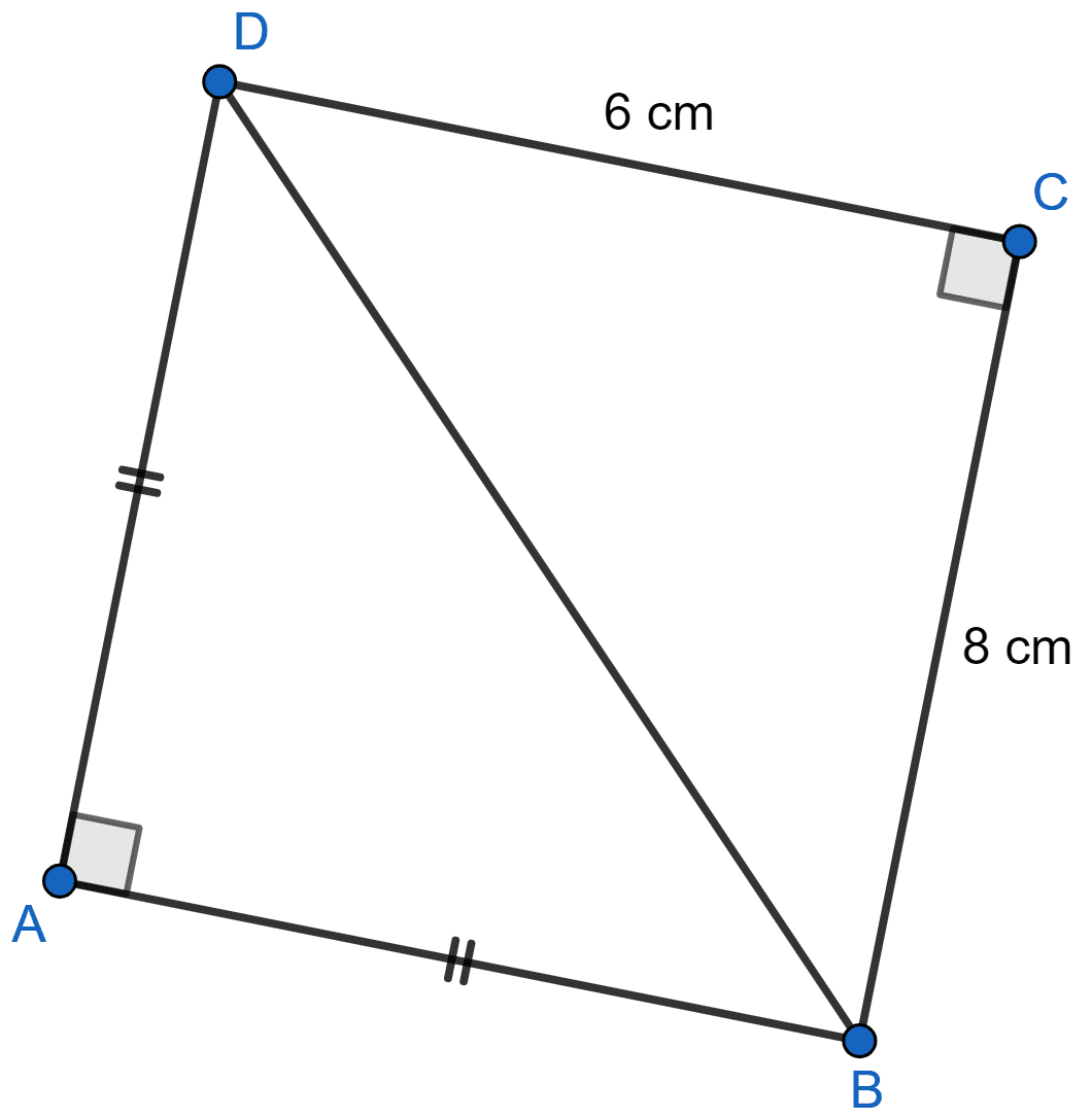 In figure, ABCD is a quadrilateral in which AB = AD, ∠A = 90° = ∠C, BC = 8 cm and CD = 6 cm. Find AB and calculate the area of △ABD. Pythagoras Theorem, ML Aggarwal Understanding Mathematics Solutions ICSE Class 9.