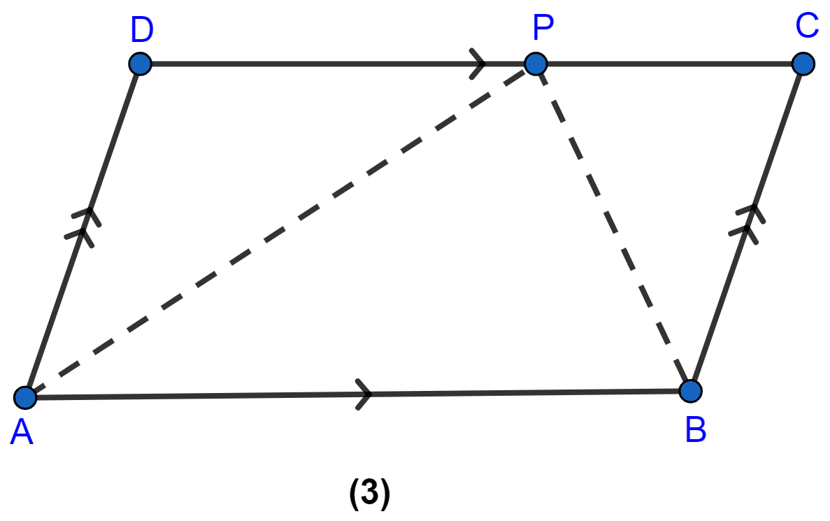 In the figure(3) given below, ABCD is a parallelogram. P is a point on DC such that area of ∆DAP = 25 cm^2 and the area of ∆BCP = 15 cm^2. Find (i) area of || gm ABCD (ii) DP : PC. Theorems on Area, ML Aggarwal Understanding Mathematics Solutions ICSE Class 9.