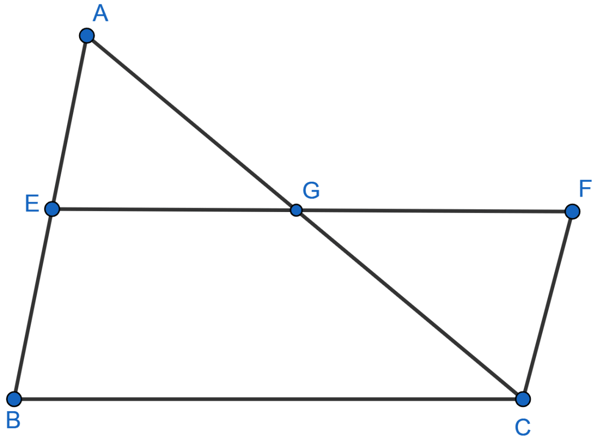 In the adjoining figure, E is the midpoint of the side AB of a triangle ABC and EBCF is a parallelogram. If the area of ∆ ABC is 25 sq. units, find the area of || gm EBCF. Theorems on Area, ML Aggarwal Understanding Mathematics Solutions ICSE Class 9.