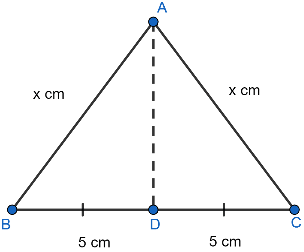 In △ABC, AB = AC = x, BC = 10 cm and the area of △ABC is 60 cm2. Find x. Pythagoras Theorem, ML Aggarwal Understanding Mathematics Solutions ICSE Class 9.