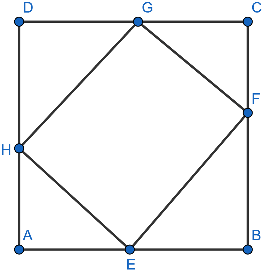 In the figure, ABCD is a square of side 7 cm. If AE = FC = CG = HA = 3 cm, (i) prove that EFGH is a rectangle (ii) find the area and perimeter of EFGH. Pythagoras Theorem, ML Aggarwal Understanding Mathematics Solutions ICSE Class 9.