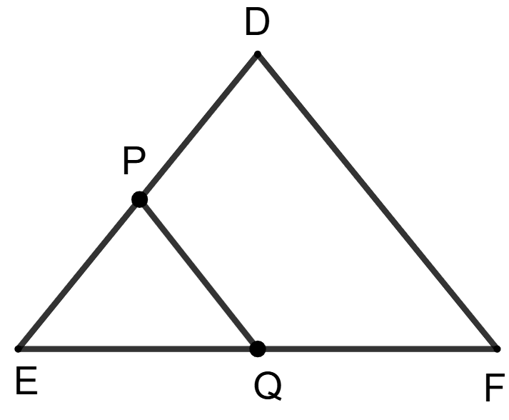 In a Δ DEF, we have DE = EF = DF = 6 cm. A line segment PQ is drawn parallel to DF such that EP = 3 cm. Then we can conclude that PQ = 3 cm. Reason (R): Any line segment drawn inside a triangle parallel to the base of the triangle cuts the removing two sides in half. Mid point theorem, ML Aggarwal Understanding Mathematics Solutions ICSE Class 9.