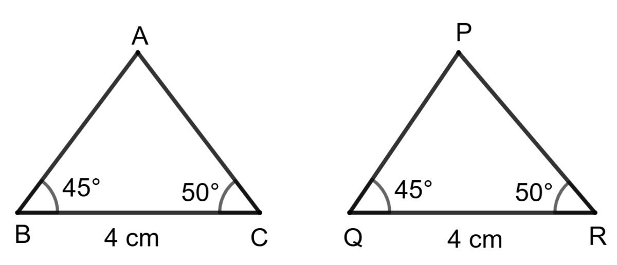In the adjoining figure, Δ ABC ≅ Δ PQR. Two triangles are congruent if two angles and included side of One triangle are equal to two angles and the included side of other triangle. Triangles, ML Aggarwal Understanding Mathematics Solutions ICSE Class 9.