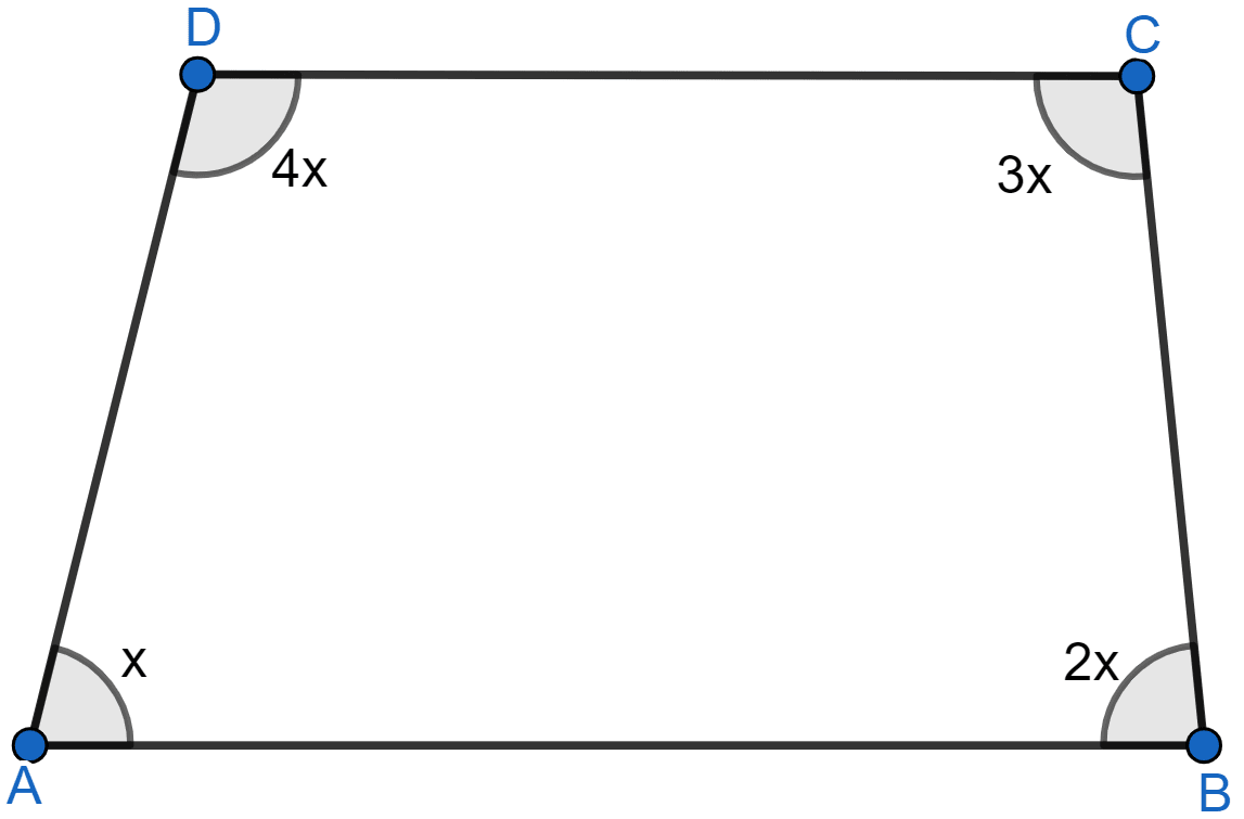 If the angles of a quadrilateral, taken in order, are in the ratio 1 : 2 : 3 : 4, prove that it is a trapezium. Rectilinear Figures, ML Aggarwal Understanding Mathematics Solutions ICSE Class 9.