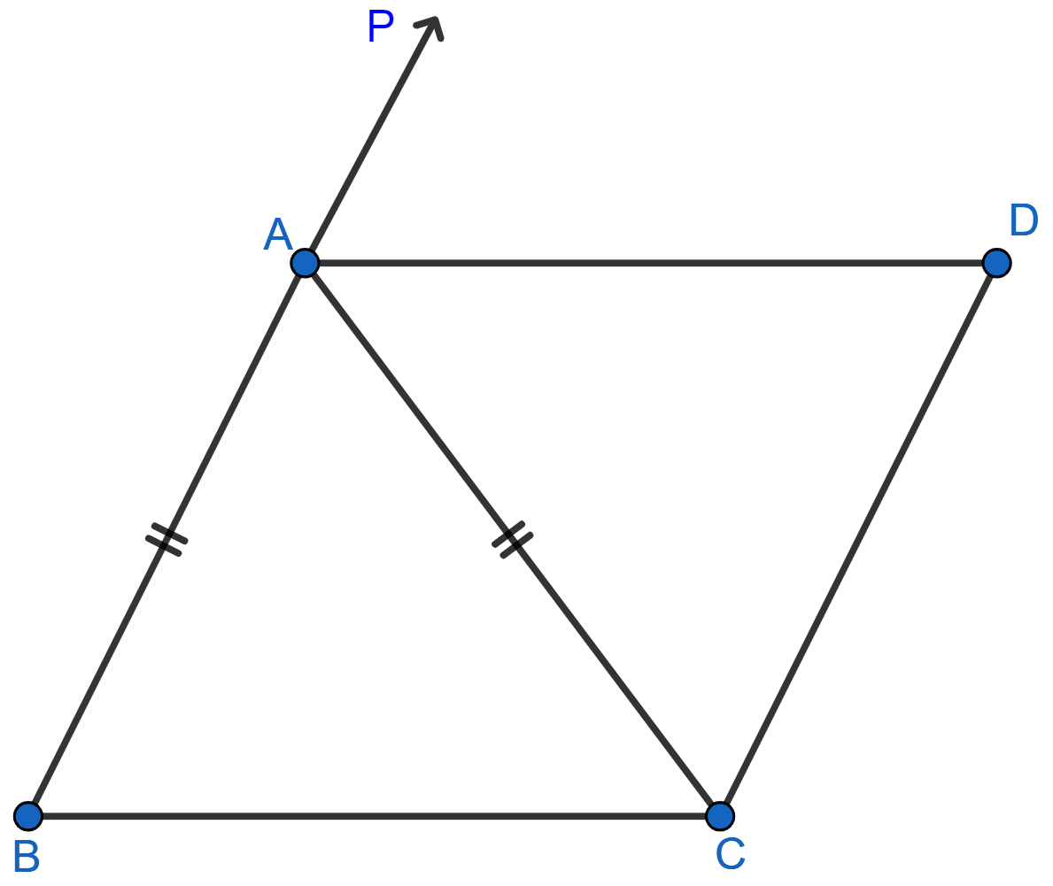 In the adjoining figure, ABC is an isosceles triangle in which AB = AC. AD bisects exterior angle PAC and CD || BA. Show that (i) ∠DAC = ∠BCA (ii) ABCD is a parallelogram. Rectilinear Figures, ML Aggarwal Understanding Mathematics Solutions ICSE Class 9.