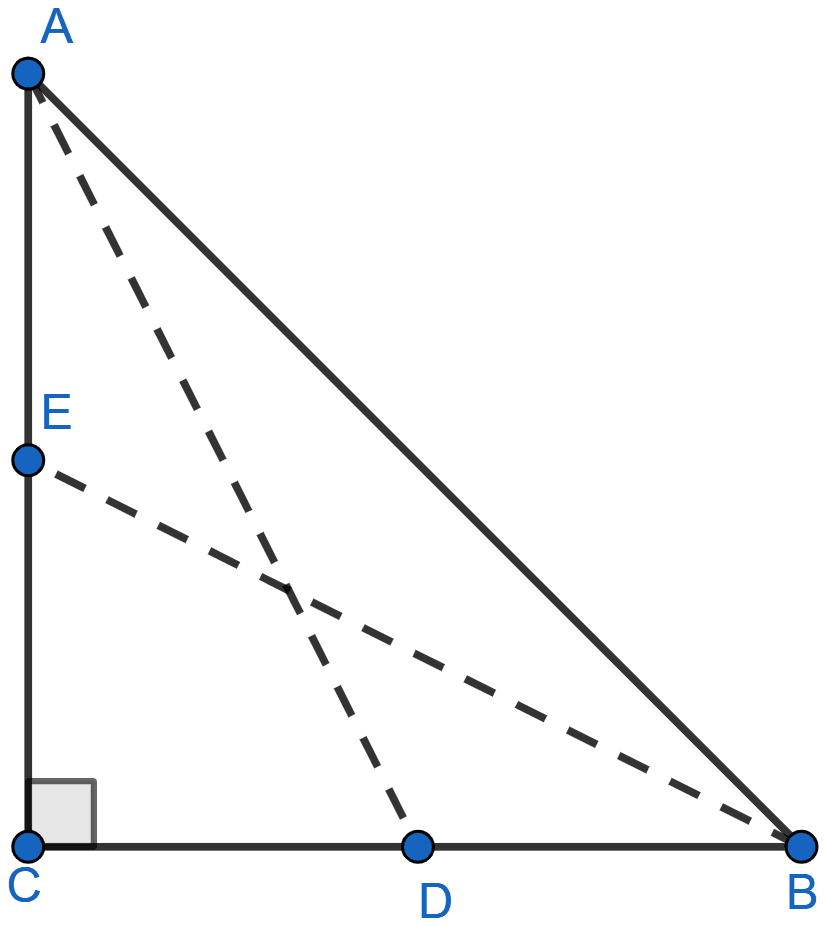 In the figure, D and E are mid-points of the sides BC and CA respectively of a △ABC, right angled at C. Prove that (i) 4AD^2 = 4AC^2 + BC^2 (ii) 4BE^2 = 4BC^2 + AC^2 (iii) 4(AD^2 + BE^2) = 5AB^2. Pythagoras Theorem, ML Aggarwal Understanding Mathematics Solutions ICSE Class 9.