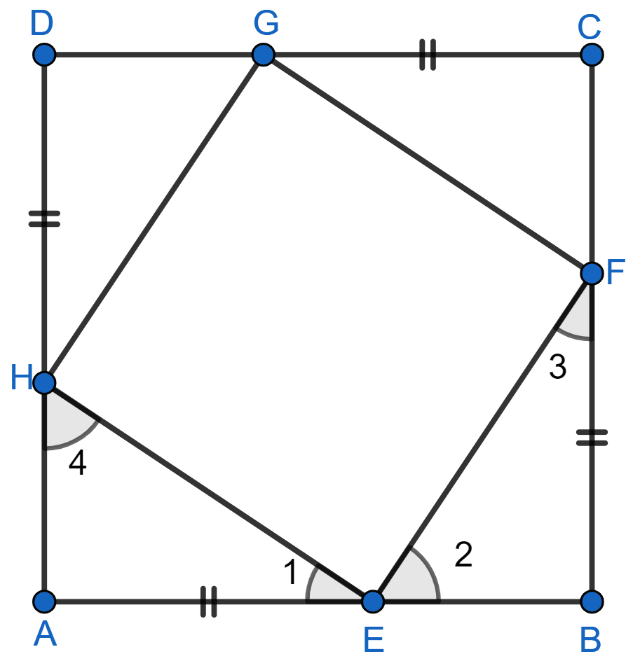 ABCD is a square. E, F, G and H are points on the sides AB, BC, CD and DA respectively such that AE = BF = CG = DH. Prove that EFGH is a square. Rectilinear Figures, ML Aggarwal Understanding Mathematics Solutions ICSE Class 9.