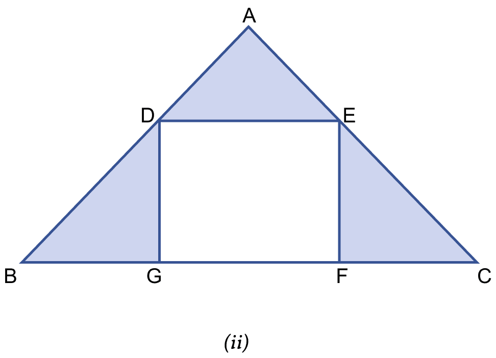 In the figure (ii) given, ABC is an isosceles right-angled triangle and DEFG is a rectangle. If AD = AE = 3 cm and DB = EC = 4 cm, find the area of the shaded region. Mensuration, ML Aggarwal Understanding Mathematics Solutions ICSE Class 9.