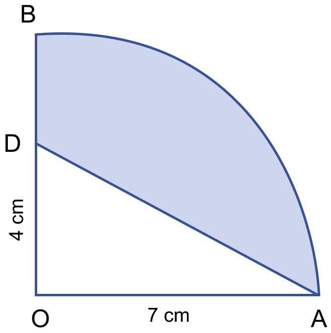 In the figure, OAB is a quadrant of a circle. The radius OA = 7 cm and OD = 4 cm. Calculate the area of the shaded portion. Mensuration, ML Aggarwal Understanding Mathematics Solutions ICSE Class 9.