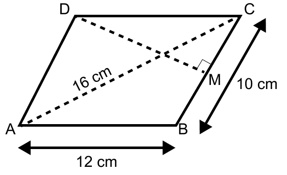 ABCD is a parallelogram with sides AB = 12 cm, BC = 10 cm and diagonal AC = 16 cm. Find the area of the parallelogram. Also find the distance between its shorter sides. Mensuration, ML Aggarwal Understanding Mathematics Solutions ICSE Class 9.