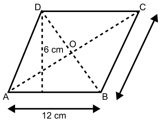 Diagonals AC and BD of a parallelogram ABCD intersect at O. Given that AB = 12 cm and perpendicular distance between AB and DC is 6 cm. Calculate the area of the triangle AOD. Mensuration, ML Aggarwal Understanding Mathematics Solutions ICSE Class 9.