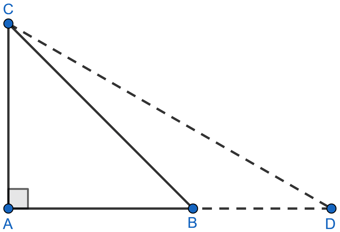 In a △ABC, ∠A = 90°, CA = AB and D is a point on AB produced. Prove that DC^2 - BD^2 = 2AB × AD. Pythagoras Theorem, ML Aggarwal Understanding Mathematics Solutions ICSE Class 9.