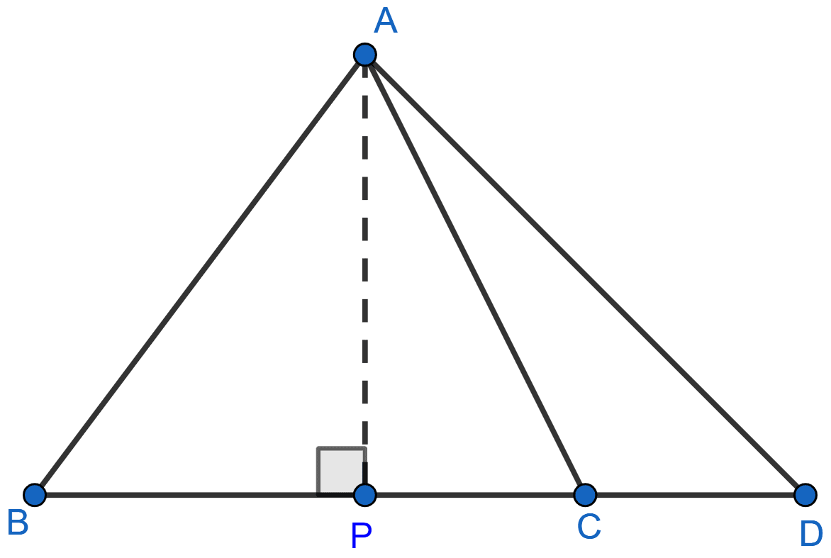 In an isosceles triangle ABC, AB = AC and D is a point on BC produced. Prove that AD^2 = AC^2 + BD × CD. Pythagoras Theorem, ML Aggarwal Understanding Mathematics Solutions ICSE Class 9.