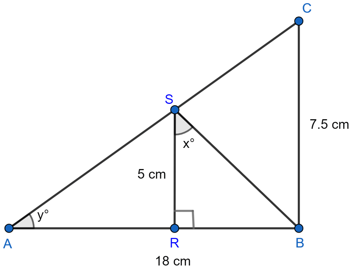 In figure, ∆ABC is right-angled at B and ∆BRS is right-angled at R. If AB = 18 cm, BC = 7.5 cm, RS = 5 cm, ∠BSR = x° and ∠SAB = y°, then find (i) tan x° (ii) sin y°. Trigonometrical Ratios, ML Aggarwal Understanding Mathematics Solutions ICSE Class 9.