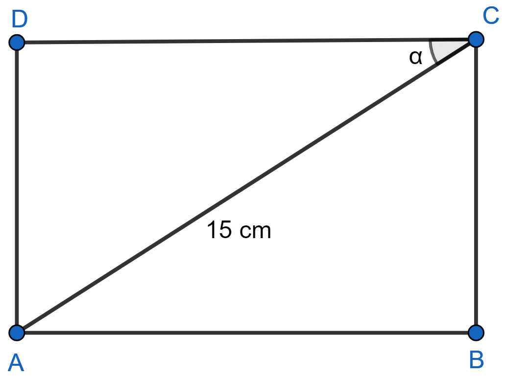 In the figure, ABCD is a rectangle. Its diagonal AC = 15 cm and ∠ACD = α. If cot α = 3/2, find the perimeter and the area of the rectangle. Trigonometrical Ratios, ML Aggarwal Understanding Mathematics Solutions ICSE Class 9.