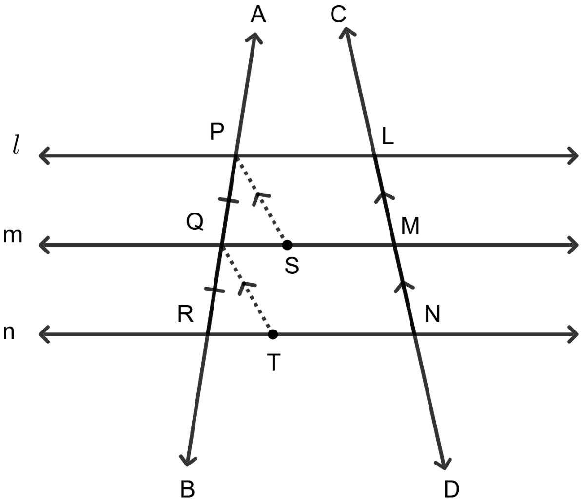 Refer to the adjoining figure. Three lines p, q, r are parallel to each other and PQ = QR = 1 cm. Then we conclude that AB = 1/2. If a tranversal makes equal intercepts on three parallel lines, then another transversal will also make equal intercepts. Mid point theorem, ML Aggarwal Understanding Mathematics Solutions ICSE Class 9.