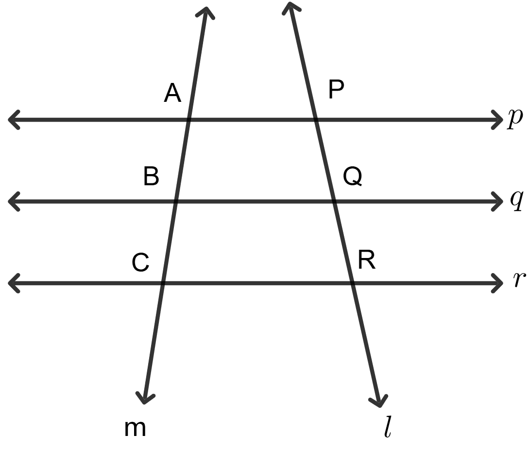 Refer to the adjoining figure. Three lines p, q, r are parallel to each other and PQ = QR = 1 cm. Then we conclude that AB = 1/2. If a tranversal makes equal intercepts on three parallel lines, then another transversal will also make equal intercepts. Mid point theorem, ML Aggarwal Understanding Mathematics Solutions ICSE Class 9.