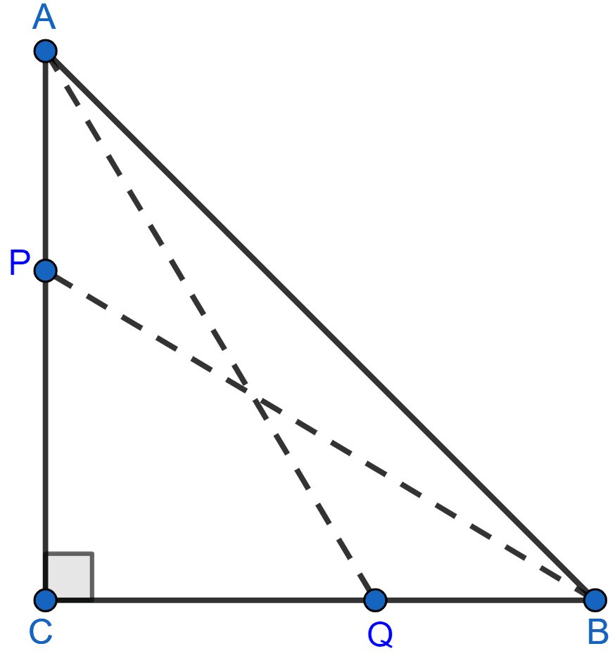 In a right angled triangle ABC, right angled at C, P and Q are the points on the sides CA and CB respectively which divide these sides in the ratio 2 : 1. Prove that (i) 9AQ^2 = 9AC^2 + 4BC^2 (ii) 9BP^2 = 9BC^2 + 4AC^2. Pythagoras Theorem, ML Aggarwal Understanding Mathematics Solutions ICSE Class 9.