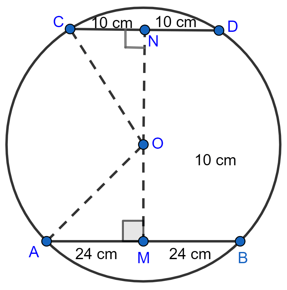 A chord of length 48 cm is at a distance of 10 cm from the centre of a circle. If another chord of length 20 cm is drawn in the same circle, find its distance from the center of the circle. Circle, ML Aggarwal Understanding Mathematics Solutions ICSE Class 9.