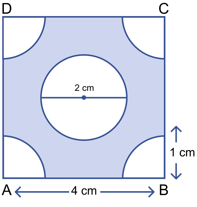 In the figure, ABCD is a square of side 4 cm. At each corner of the square a quarter circle of radius 1 cm, and at the centre a circle of diameter 2 cm are drawn. Find the area of the shaded region. Mensuration, ML Aggarwal Understanding Mathematics Solutions ICSE Class 9.