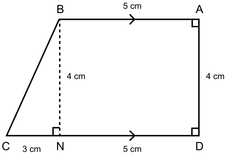 The figure is a trapezium. Find the length of BC and the area of the trapezium. Assume AB = 5 cm, AD = 4 cm, CD = 8 cm. Mensuration, ML Aggarwal Understanding Mathematics Solutions ICSE Class 9.