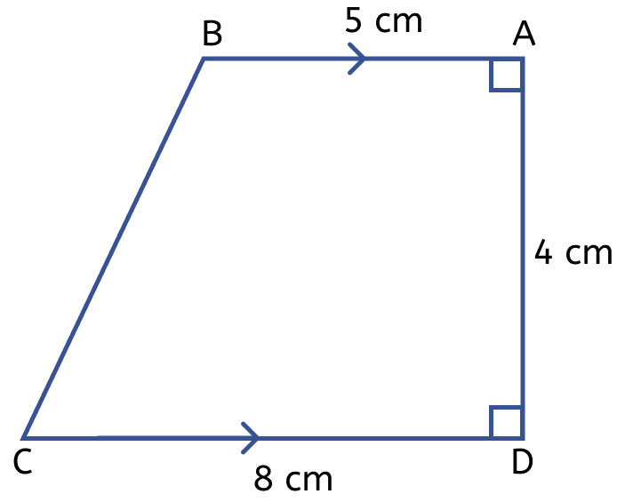 The figure is a trapezium. Find the length of BC and the area of the trapezium. Assume AB = 5 cm, AD = 4 cm, CD = 8 cm. Mensuration, ML Aggarwal Understanding Mathematics Solutions ICSE Class 9.