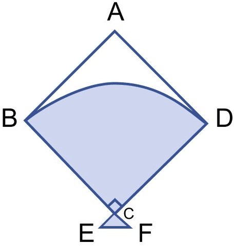 The figure shows a kite, in which BCD is in the shape of a quadrant of a circle of radius 42 cm. ABCD is a square and △CEF is an isosceles right angled triangle whose equal sides are 6 cm long. Find the area of the shaded region. Mensuration, ML Aggarwal Understanding Mathematics Solutions ICSE Class 9.