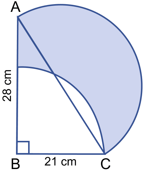 In the figure, ABC is a right angled triangle, ∠B = 90°, AB = 28 cm and BC = 21 cm. With AC as diameter a semi-circle is drawn and with BC as radius a quarter circle is drawn. Find the area of the shaded region correct to two decimal places. Mensuration, ML Aggarwal Understanding Mathematics Solutions ICSE Class 9.