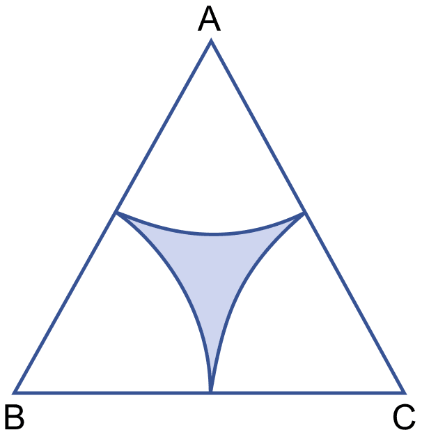 In the figure, ABC is an equilateral triangle of side 8 cm. A, B and C are the centers of circular arcs of equal radius. Find the area of the shaded region correct upto 2 decimal places. Mensuration, ML Aggarwal Understanding Mathematics Solutions ICSE Class 9.