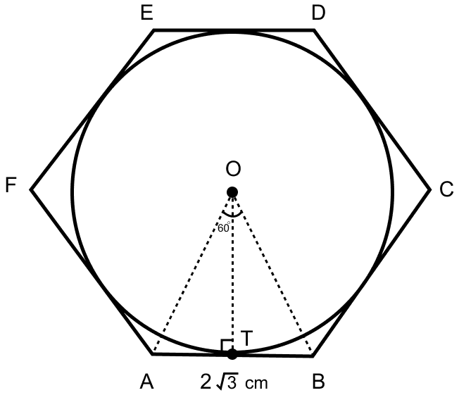 A circle is inscribed in a regular hexagon of side 2√3 cm. Find (i) the circumference of the inscribed circle (ii) the area of the inscribed circle. Mensuration, ML Aggarwal Understanding Mathematics Solutions ICSE Class 9.