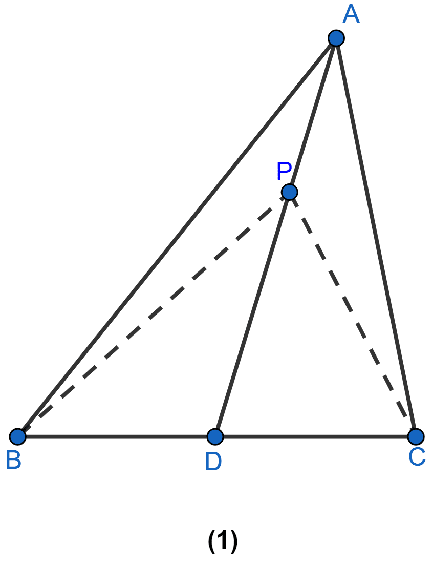 In figure (1) given below, AD is the median of ∆ABC and P is any point on AD. Prove that (i) Area of ∆PBD = area of ∆PDC (ii) Area of ∆ABP = area of ∆ACP. Theorems on Area, ML Aggarwal Understanding Mathematics Solutions ICSE Class 9.