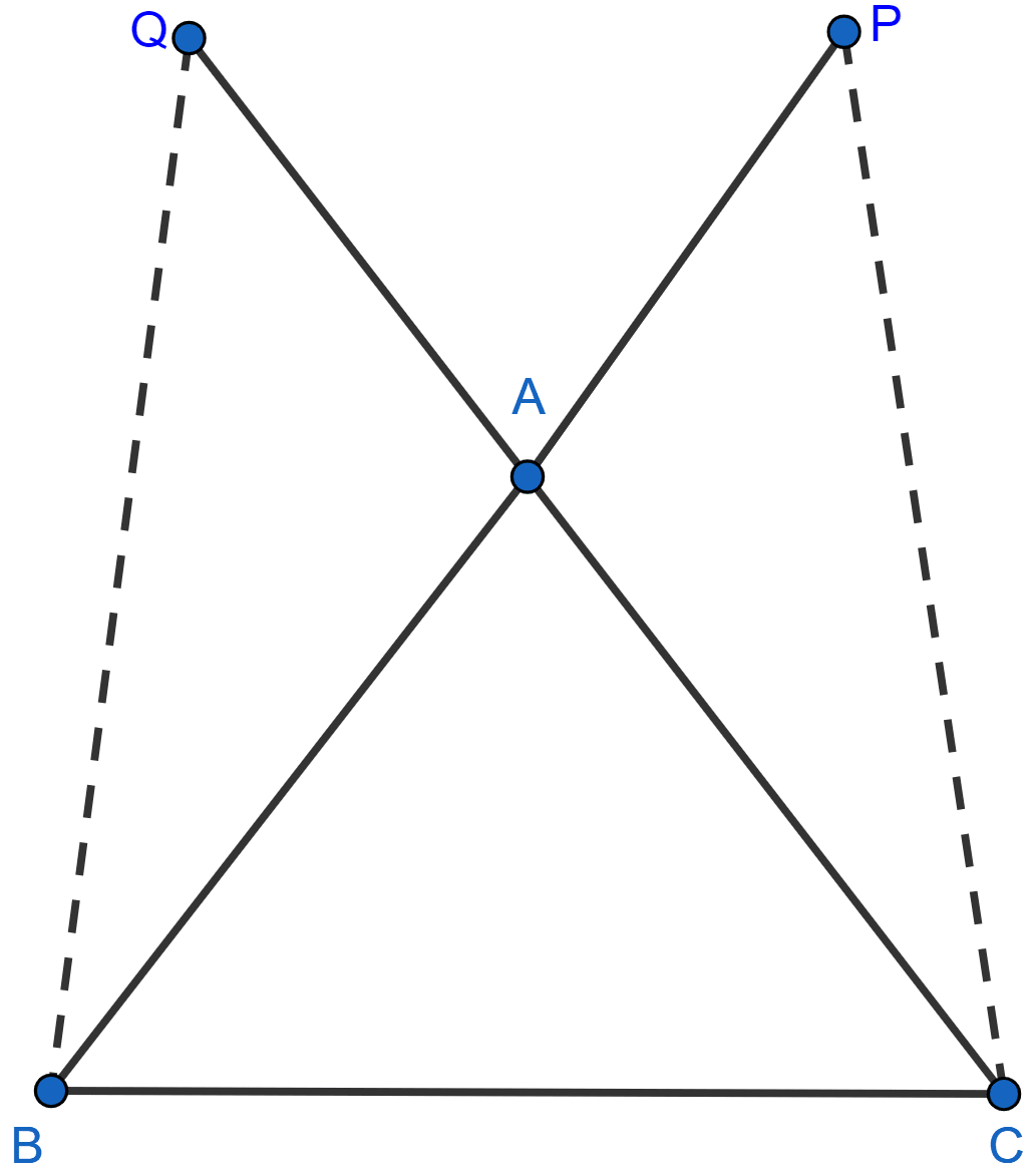 In the adjoining figure, AB = AC, P and Q are points on BA and CA respectively such that AP = AQ. Prove that △APC ≅ △AQB, CP = BQ, ∠ACP = ∠ABQ. Triangles, ML Aggarwal Understanding Mathematics Solutions ICSE Class 9.