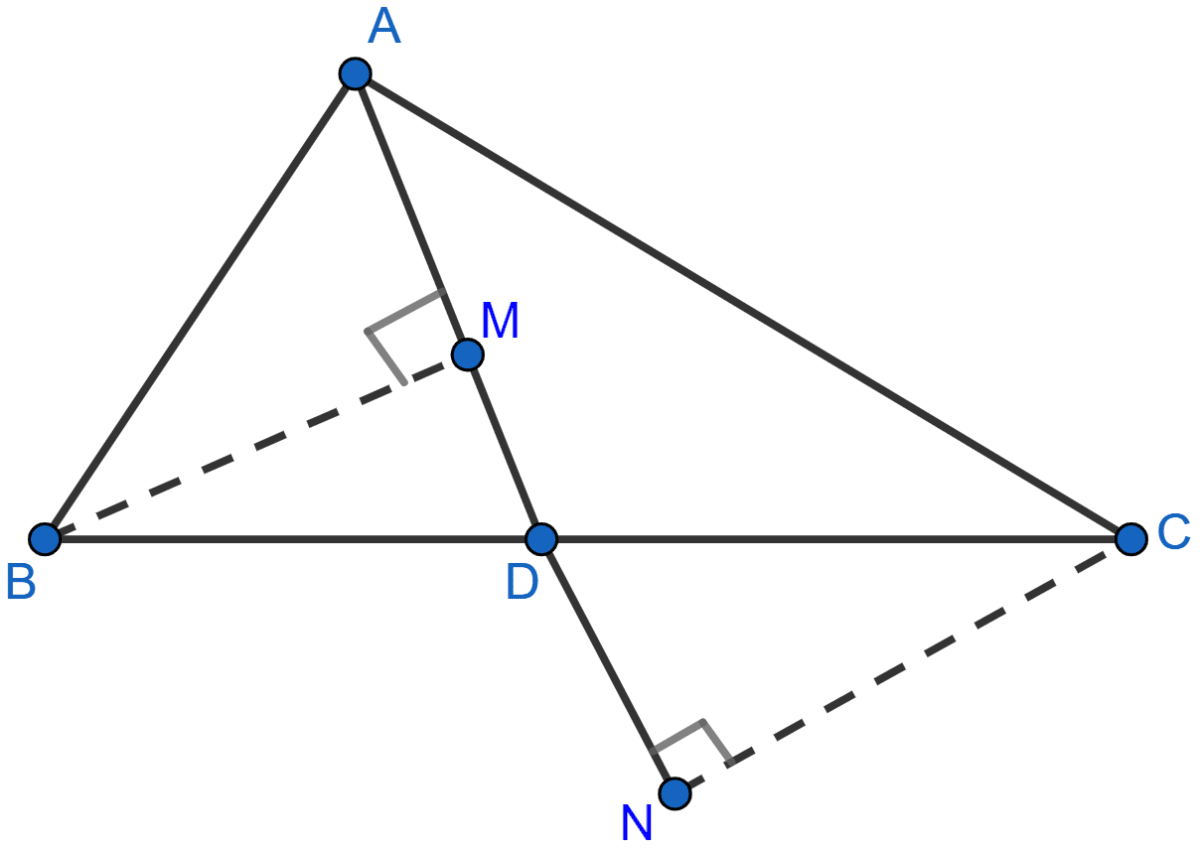 In the adjoining figure, AD is median of △ABC, BM and CN are perpendiculars drawn from B and C respectively on AD and AD produced. Prove that BM = CN. Triangles, ML Aggarwal Understanding Mathematics Solutions ICSE Class 9.