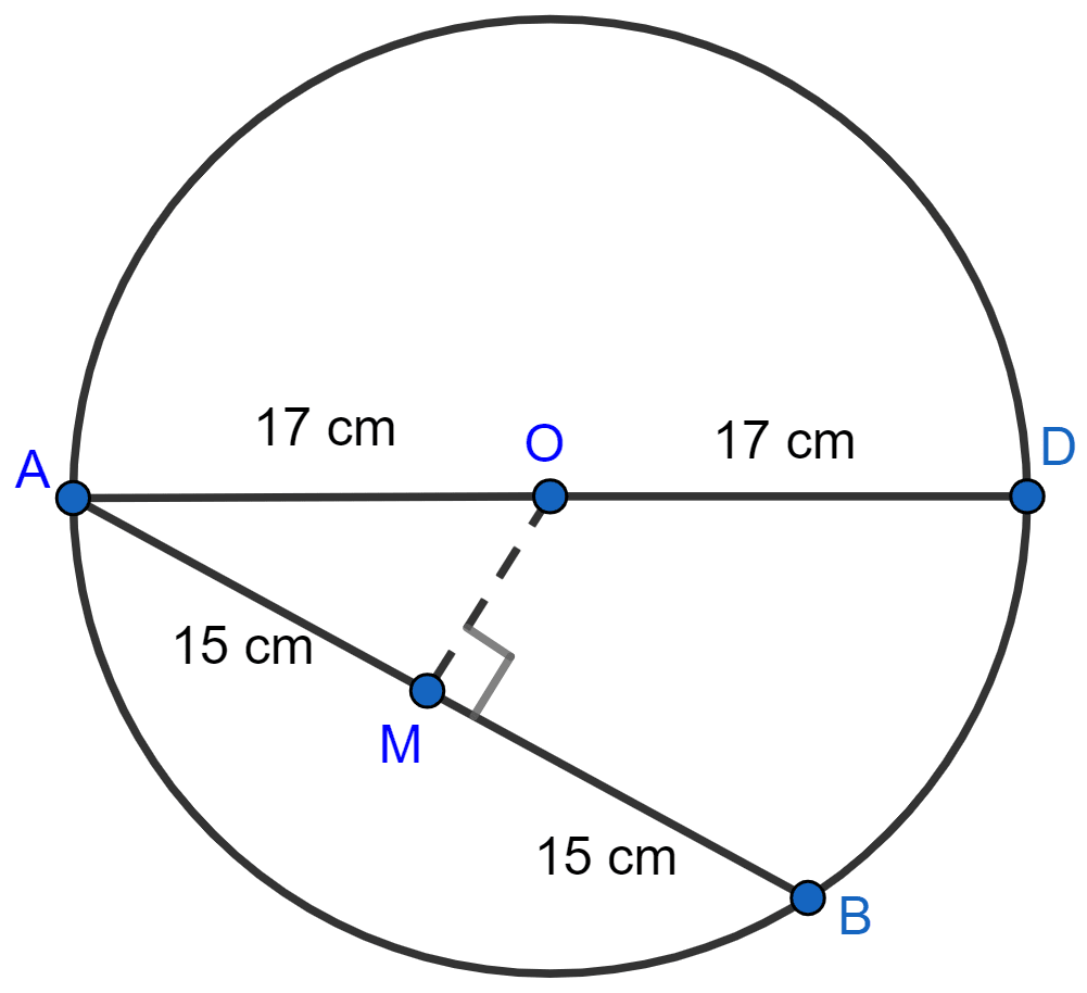 AD is a diameter of a circle and AB is a chord. If AD = 34 cm and AB = 30 cm, then the distance of AB from the center of circle is? Circle, ML Aggarwal Understanding Mathematics Solutions ICSE Class 9.