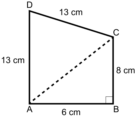 Find the area of quadrilateral ABCD in which ∠B = 90° , AB = 6 cm, BC = 8 cm and CD = AD = 13 cm. Mensuration, ML Aggarwal Understanding Mathematics Solutions ICSE Class 9.