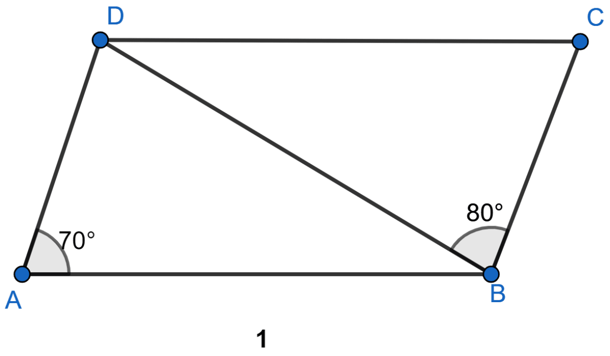 In the figure (1) given below, ABCD is a parallelogram in which ∠DAB = 70°, ∠DBC = 80°. Calculate angles CDB and ADB. Rectilinear Figures, ML Aggarwal Understanding Mathematics Solutions ICSE Class 9.