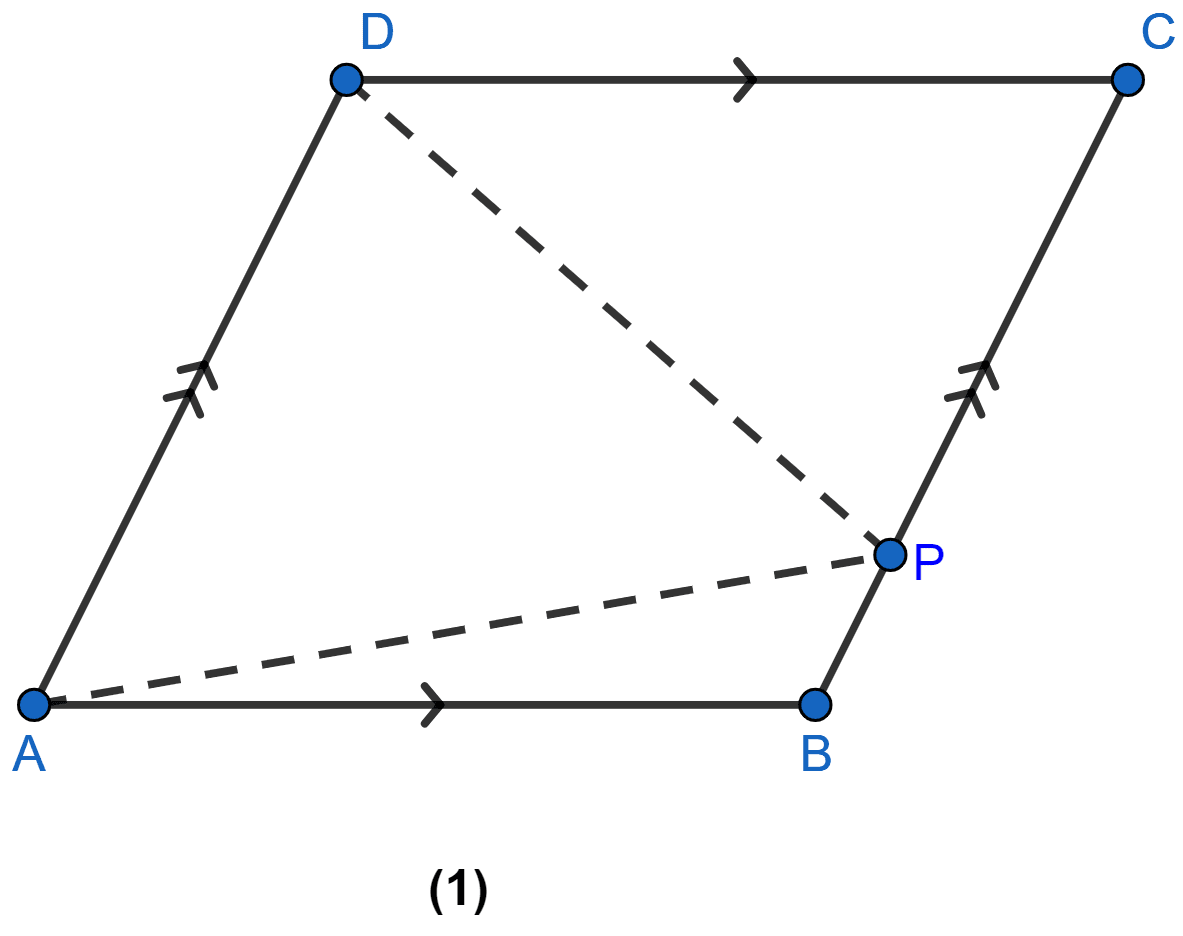 In figure (1) given below, ABCD is a parallelogram and P is any point in BC. Prove that, Area of ∆ABP + area of ∆DPC = Area of ∆APD. Theorems on Area, ML Aggarwal Understanding Mathematics Solutions ICSE Class 9.