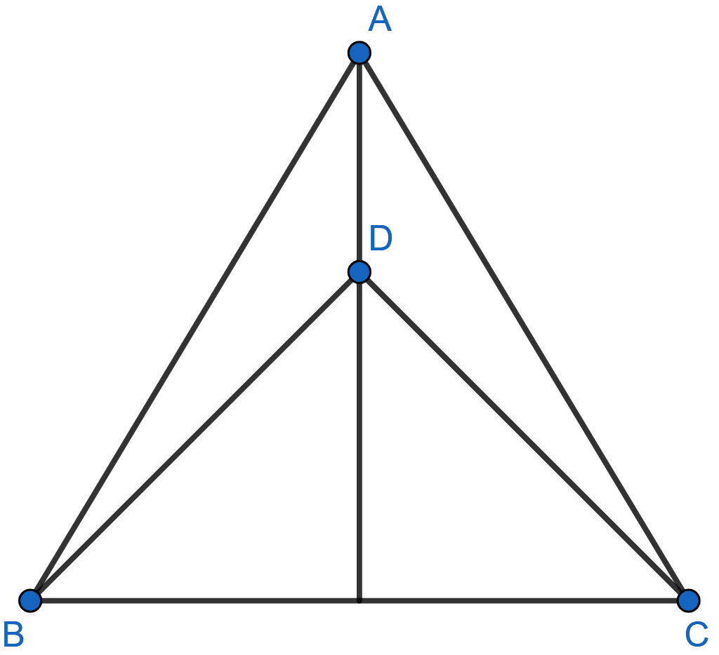 In the adjoining figure, AB = AC, D is a point in the interior of △ABC such that ∠DBC = ∠DCB. Prove that AD bisects ∠BAC of △ABC. Triangles, ML Aggarwal Understanding Mathematics Solutions ICSE Class 9.