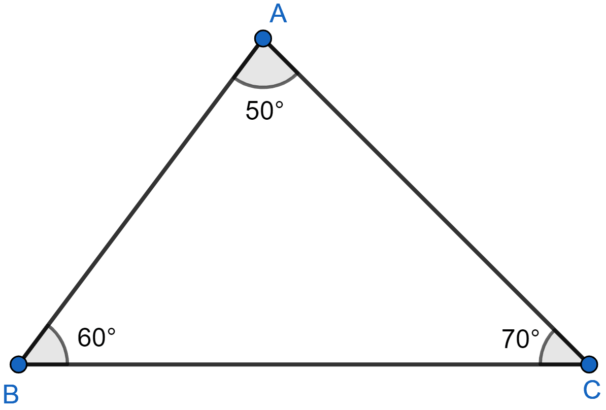 In a △ABC, ∠A = 50°, ∠B = 60°. Arrange the sides of the triangle in ascending order. Triangles, ML Aggarwal Understanding Mathematics Solutions ICSE Class 9.